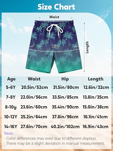 Boys Swim Trunks with Boxer Liner - A-Palm Blue, 10-12 Years