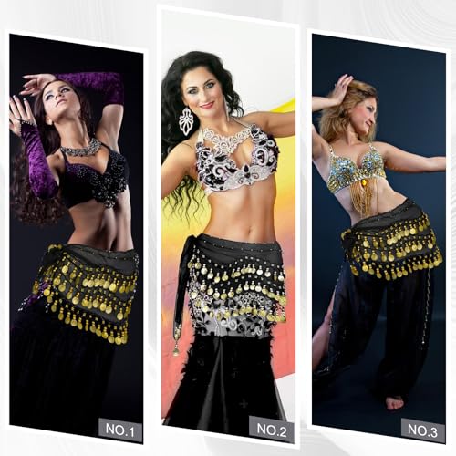 Belly Dance Hip Scarf - Black Chiffon with Gold Coins