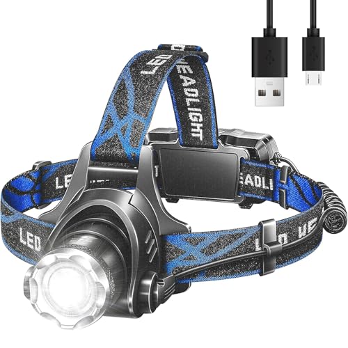 Beteray Rechargeable LED Headlamp Blue - USB Super Bright T6 Zoomable Headlight
