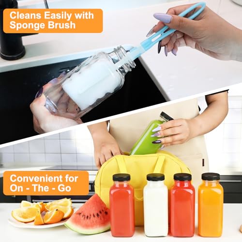 GUANENA 12 oz Square Glass Juice Bottles Set of 6 with Lids, Reusable & BPA-Free