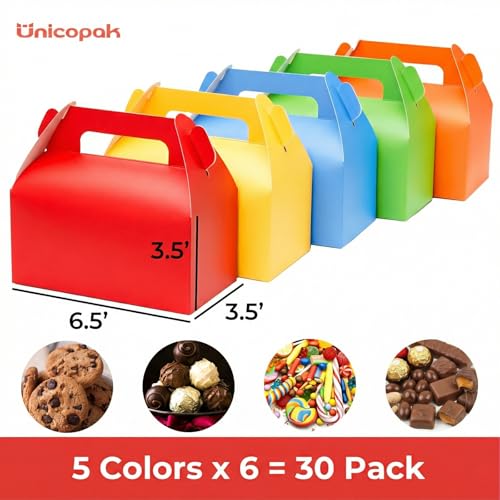 Rainbow Assorted Party Favor Gift Boxes with Handles - 30 Pack, 6.5x3.5x3.5 Inches