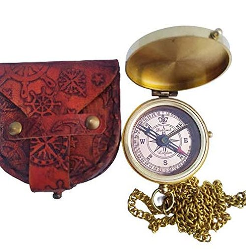 THE ANTIQUE HOUSE Shiny Brass Compass with Leather Case Gift for Son