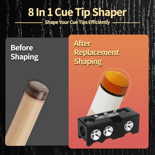 Pool Cue Tips Replacement Kit - 11-in-1 Shaper Tool with 20 Tips & Chalk - Black