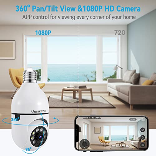 Light Bulb Security Camera HD Pan Tilt Wireless 360 Degree Floodlight Night Vision 5Ghz with Floodlight Human Motion Detection and Alarm 2pack with 64GB Card