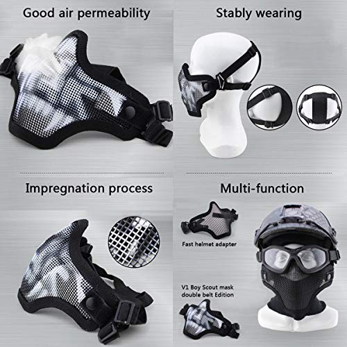 Airsoft Mask and Goggles Set - Steel Mesh Half Face Mask with Pattern - Black
