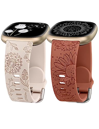 Minyee Floral Silicone Band for Fitbit Versa 4/3 & Sense 2 - Starlight & Brown, Sunflower & Dandelion Design, Soft Sport Strap for Women