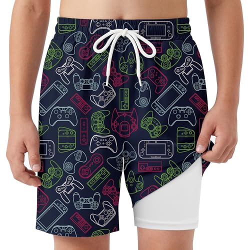 Boys Swim Trunks with Boxer Liner - Game Theme, 8-10 Years
