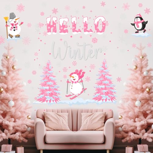 Kreatwow 2Pcs Pink Winter Wall Stickers Hello Winter Wall Decorations Pink Snowflake Snowman Themed Walls Clings Let It Snow Party Decor Snowflake Penguin Party Decal for Xmas Christmas Home Decor
