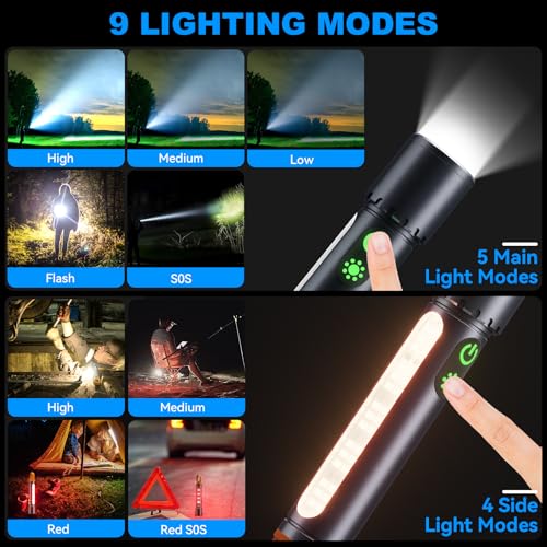 ADDplus Rechargeable Magnetic LED Flashlight Black 2 - 9 Modes, 1300m Beam
