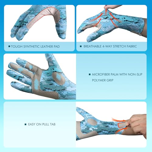 UPF 50+ Fishing Gloves - Full Finger Sun Protection, Camouflage Blue, Medium