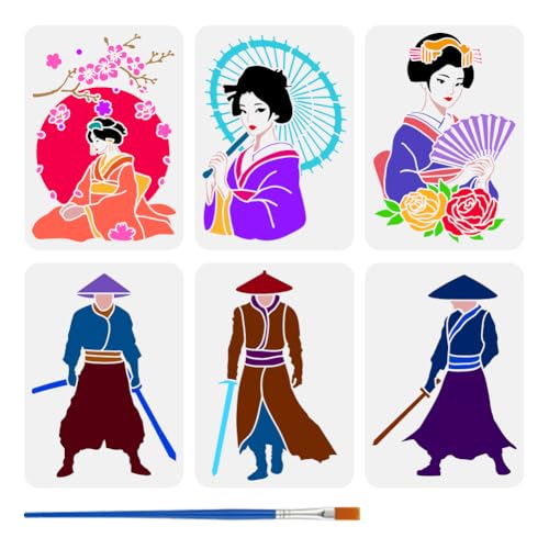 FINGERINSPIRE 6 PCS Geisha Swordsman Painting Stencil with 1 Pc Plastic Paint Brush 8.3x11.7inch Samurai Warrior Stencil Geisha Template Human Theme Template for Painting on Wall Wood Furniture