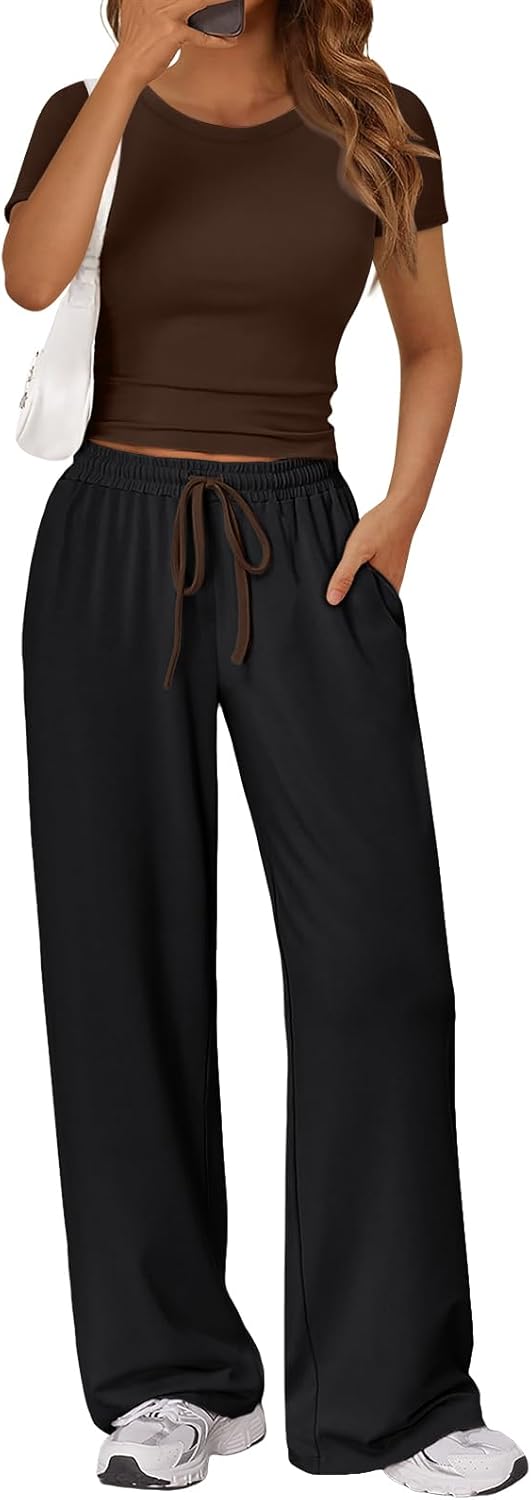 Trendy Queen 2-Piece Matching Summer Lounge Set - Women's Side Ruching Top & Wide Leg Pants with Pockets