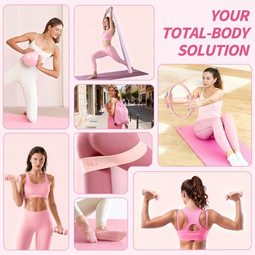 Pilates Kit for Home Workouts - 17-in-1 Set with Pink Ring & Ball