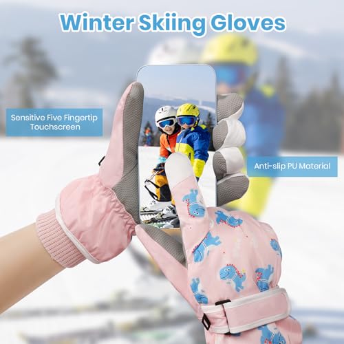 Kids Waterproof Ski Gloves - Touchscreen Snowboard Mittens - Pink - Ages 7-16