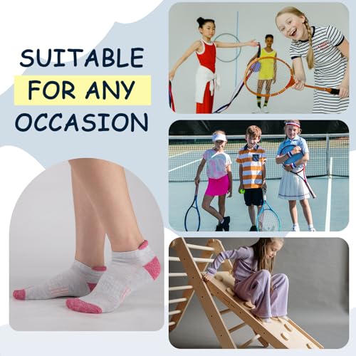 Girls Ankle Athletic Socks 8 Pairs for Kids 4-6 6-8 8-10 Years Old, Cushioned Sole, White, 10-12 Years Size