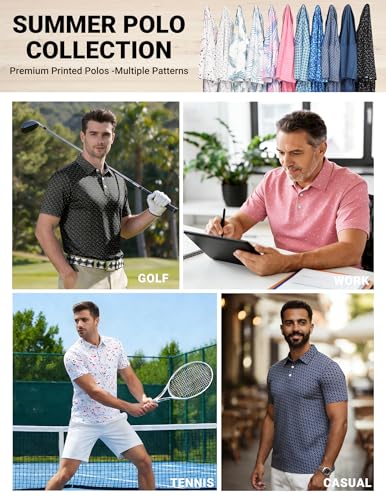 COOFANDY Men's Golf Polo Shirt Large White with Golf Clubs - Quick Dry Short Sleeve Casual Collared Shirt