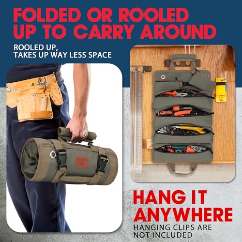 Tool Bag Gifts for Husband Him, Roll Up Small Tools Box Storage, Tool Gifts for Men Dad Boyfriend Grandpa, Presents for Birthday, Heavy Duty Tool Organizer with 2 Pouch