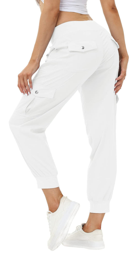 MoFiz Women's Cargo Pants Hiking Joggers Summer Lightweight Quick Dry Athletic Outdoor Sports Sweatpants Travel Casual Button Pockets Rice White 4XL