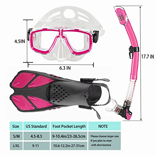 Snorkeling Gear Set for Adults - Anti-Fog Mask, Fins & Bag - Pink, US Men 4-8.5 | US Lady 6-9.5