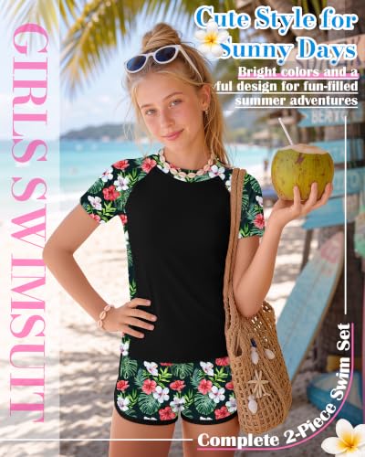 Girls Rash Guard Swimsuit 2-Piece Set Black Green 9-10 Years