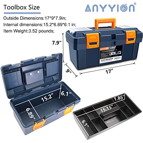 Anyyion 16.5-inch Tool Box with Removable Tray, Small Parts Box On The Lid is Removable, Tray Can be Removed and Combined at Will (Internal Dimensions 15.2x6.89x6.1 inch)