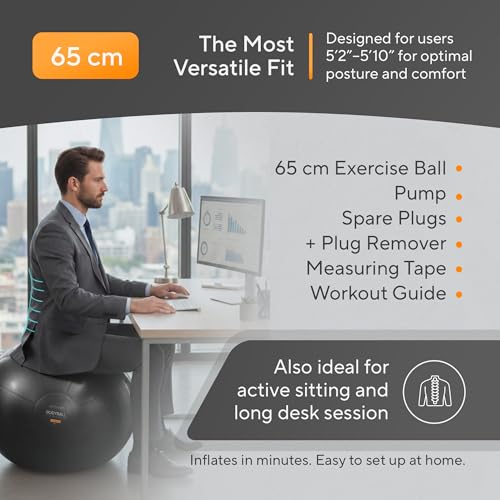 Yoga Exercise Ball – Anti-Burst Stability Ball - Black, L (5'4" - 5'10")