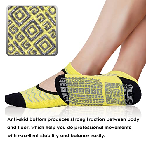 Non Slip Grip Yoga Socks for Women with Cushion - One Size, 3 Pairs Waves Lake Blue/Yellow/Pink