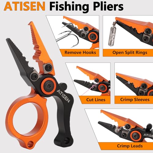 SYNFLUX Mini Fishing Pliers with Line Cutter 5‑in‑1 Saltwater Tool – Orange/Black