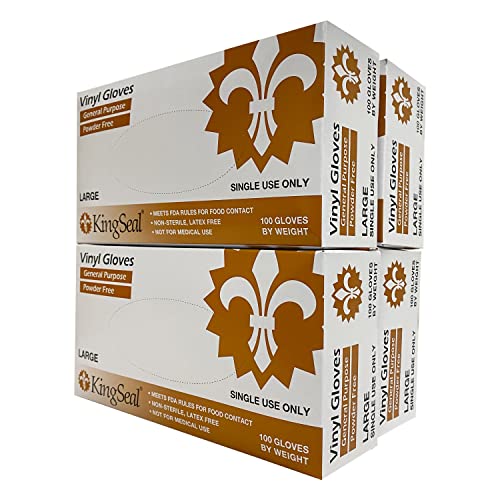 KingSeal LARGE Vinyl General Purpose Disposable Gloves, Powder-Free, 4 mil, Clear - 4 boxes of 100 Gloves by Weight (400 Count)