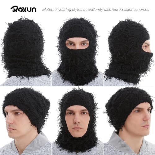 Distressed Knitted Full Face Balaclava Ski Mask - Black