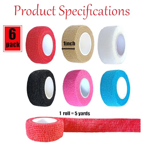 6 Pack Self-Adhesive Bandage Wrap - 1-Inch Breathable Cohesive Tape for Pets