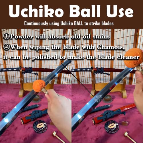 OKSs Brown Katana Cleaning Kit with Choji Oil, Copper Hammer, Chammy, Uchiko Ball, Mekugi-nuki (2 Pairs) - Samurai Sword Care