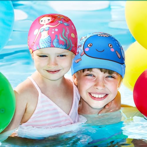 Fourluoo Kids Swim Caps Vibrant Style 4-Pack for Boys Girls Toddler 2-12 Long Short Hair Breathable Elastic Pool Swimming Hat