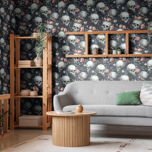 17.7"x118.1" Gothic Peel and Stick Floral Skull Wallpaper Sugar Skull Floral Vinyl Wallpaper for Bedroom Grey Black Pink Removable Accent Wall Decorations