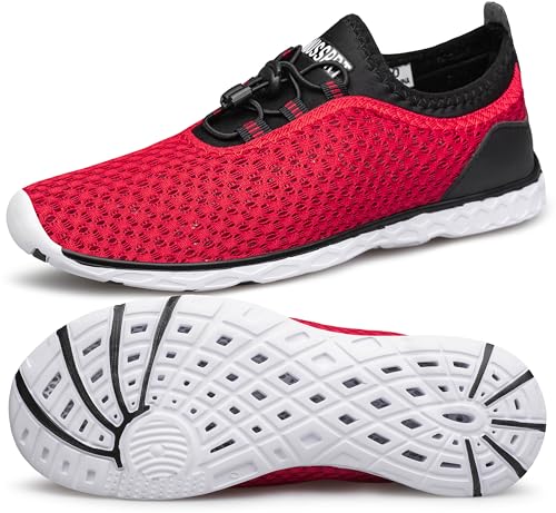 DOUSSPRT Women's Water Shoes - Quick Dry Beach Swim Pool Fishing, Red/White, Size 10