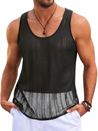 Mens Sleeveless Tank Top - Knitted Casual Hollow Out - Medium Black