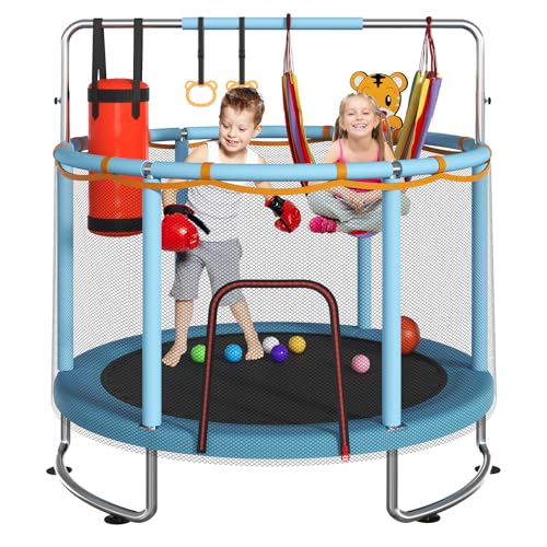 Kids Trampoline with Safety Net & Adjustable Bar - 55" Blue