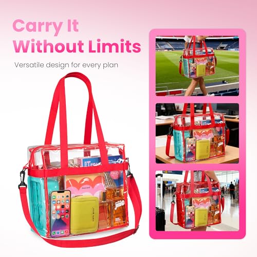 Clear Stadium Approved Tote Bag with Zipper Strap - Red