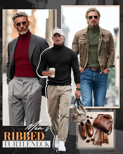 3 Pack Men's Mock Turtleneck Long Sleeve Ribbed Shirts – Locoowai, X-Large, Matcha Green / Wine Red / Black