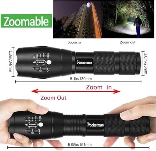 Pocketman Super Bright LED Tactical Flashlight 5 Modes Water Resistant Portable Torch