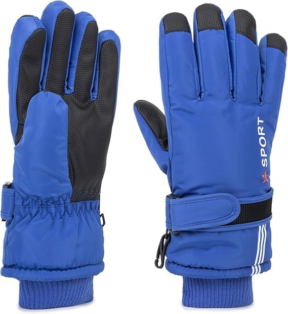Kids Winter Ski Gloves - Windproof Warm Blue Gloves (5-10 Years)