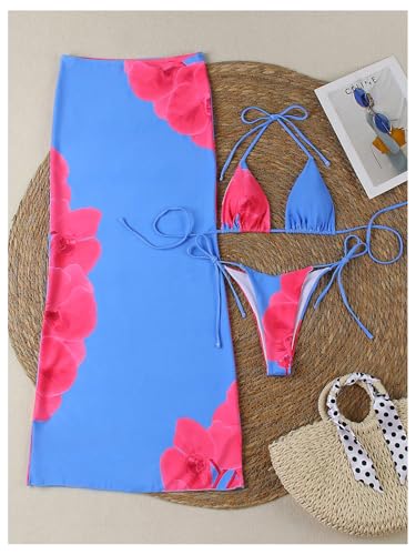 Women's 3-Piece Floral Halter Bikini Set with Beach Cover-Up Skirt
