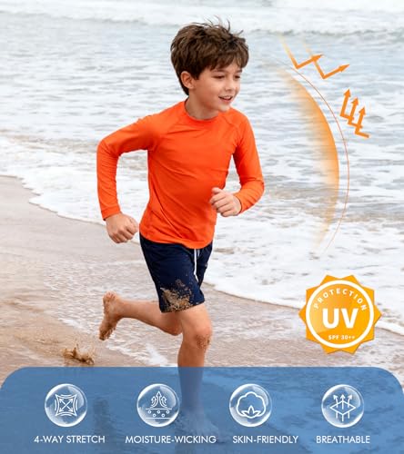 Little Boys Long Sleeve Rash Guard Swim Shirt - UPF 50+ Orange 4-5T
