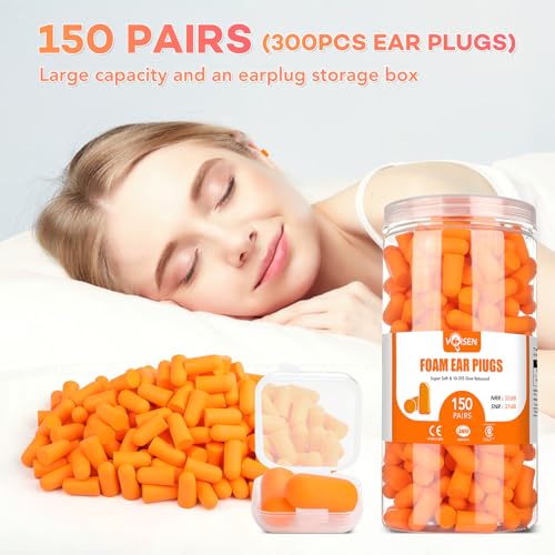 VOISEN 150 Pairs Foam Ear Plugs, Ear Plugs for Sleeping Noise Cancelling, 32dB NRR, 37dB SNR Earplugs for Sleeping, Snoring, Studying, Loud Events, Traveling & Concerts, A Storage Box, Orange