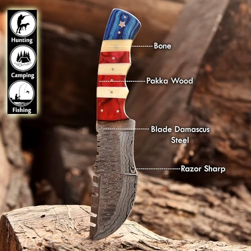 Damascus Steel Fixed Blade Hunting Knife with Leather Sheath - Tactical Survival Bushcraft Knife for Men