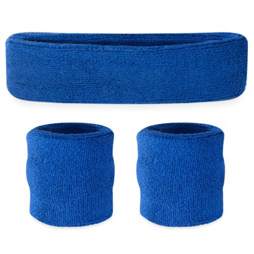 Moisture Wicking Sweatbands Set - 2 Wristbands & 1 Headband - Blue