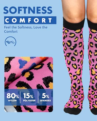 Compression Socks for Women 15-20 mmHg - Pink Leopard Print, Large-X-Large