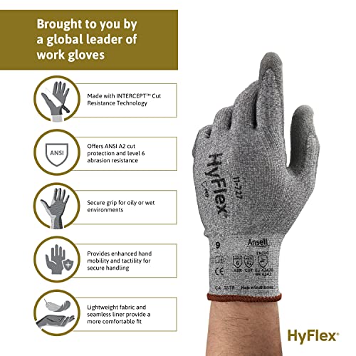 HyFlex Ansell 11-727 Ultralight Cut-Resistant Industrial Gloves w/Reinforced Palm for Machinery, Auto, Warehousing Grey