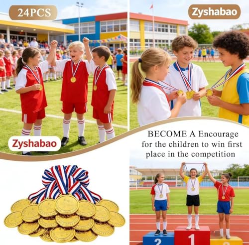24 Pack Gold Plastic Winner Medals - 1.38 Inch with Neck Ribbon