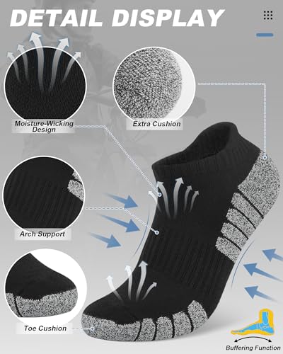 Men's Ankle Athletic Running Socks - Cushioned, 6 Pairs, Z-Black (Size 8-12)